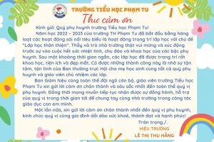 TRƯỜNG TIỂU HỌC PHẠM TU GỬI THƯ CẢM ƠN ĐẾN TOÀN THỂ PHỤ HUYNH (NĂM HỌC: 2022-2023)