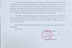 TIỂU HỌC PHẠM TU THÔNG BÁO VỀ VIỆC TỔ CHỨC DẠY HỌC TRONG THỜI GIAN RÉT ĐẬM, RÉT HẠI 1/2024